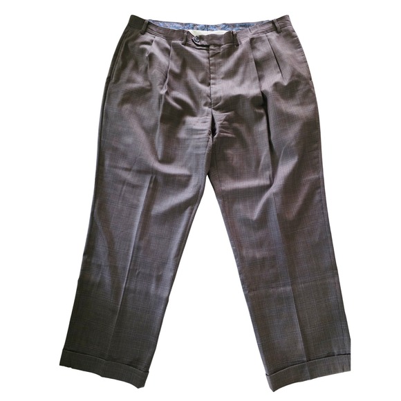 Lauren Ralph Lauren Plaid Wool Dress Pants Mens 42x30 Brown Pleated Trousers  Vtg